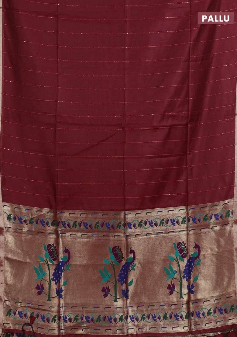 Jamdhani Cotton Saree Maroon With Allover Squin Work And Jamdhani Pallu With Traditional Woven Design For Women - Indya