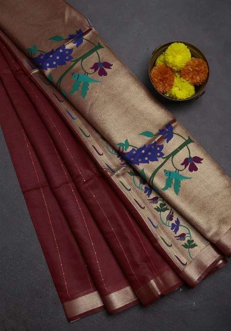 Jamdhani Cotton Saree Maroon With Allover Squin Work And Jamdhani Pallu With Traditional Woven Design For Women