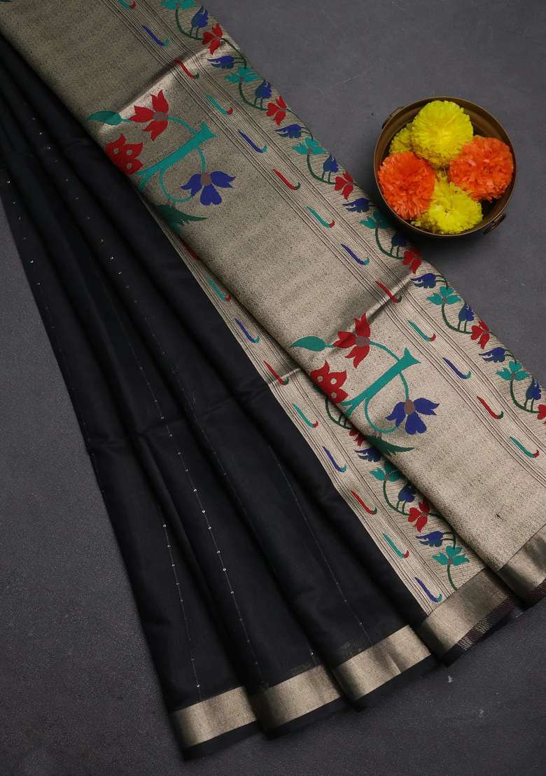 Jamdhani Cotton Saree Black With Allover Squin Work And Jamdhani Pallu With Traditional Woven Design For Women - Indya