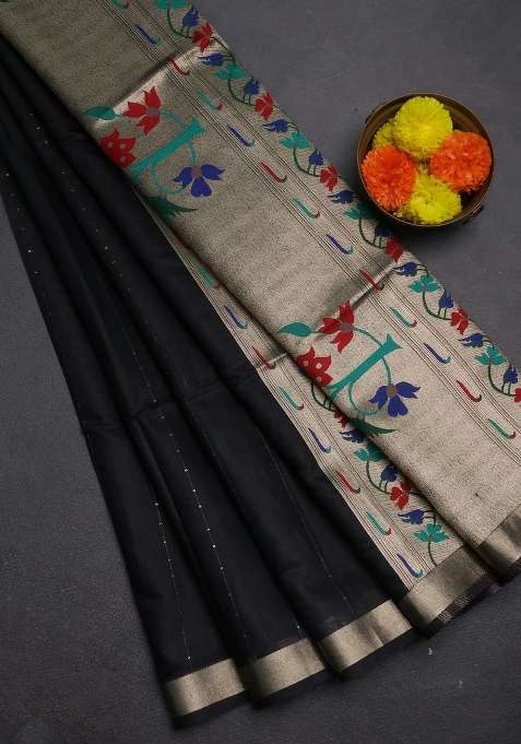 Jamdhani Cotton Saree Black With Allover Squin Work And Jamdhani Pallu With Traditional Woven Design For Women