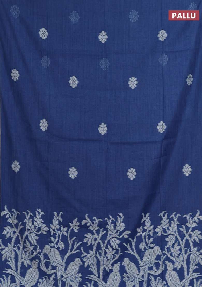 Jamdhani Cotton Saree Indigo Blue With Thread Woven Buttas And Zari Woven Border With Buttas And Brocade Design For Women - Indya