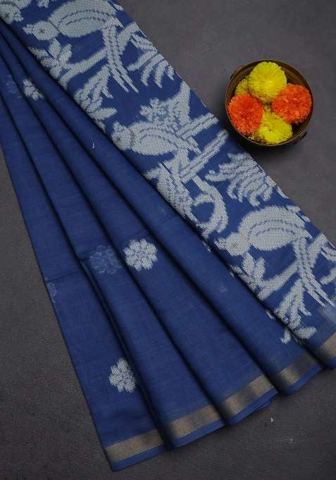 Jamdhani Cotton Saree Indigo Blue With Thread Woven Buttas And Zari Woven Border With Buttas And Brocade Design For Women