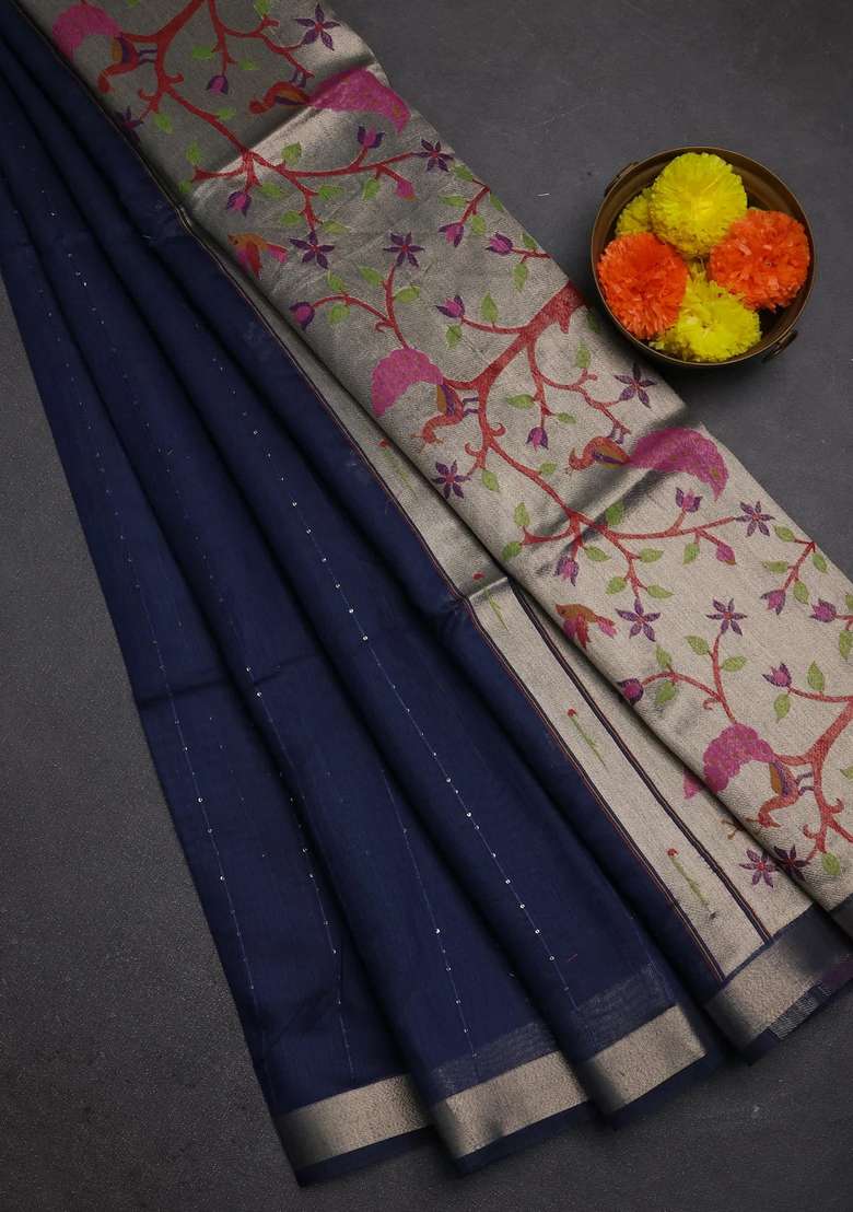 Jamdhani Cotton Saree Navy Blue With Allover Squin Work And Zari Woven Border With Traditional Woven Design For Women - Indya