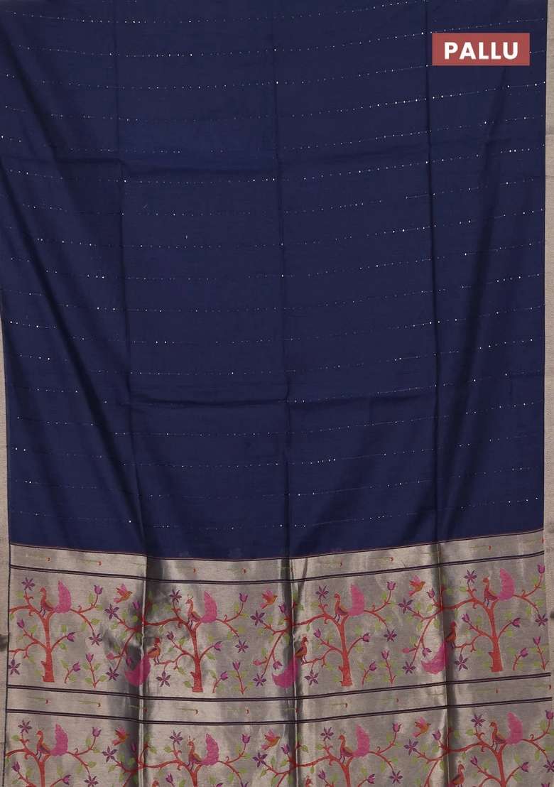 Jamdhani Cotton Saree Navy Blue With Allover Squin Work And Zari Woven Border With Traditional Woven Design For Women - Indya