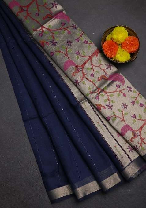 Jamdhani Cotton Saree Navy Blue With Allover Squin Work And Zari Woven Border With Traditional Woven Design For Women