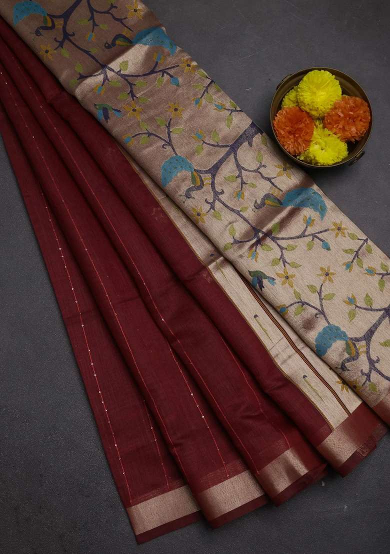 Jamdhani Cotton Saree Maroon With Allover Squin Work And Zari Woven Border With Traditional Woven Design For Women - Indya