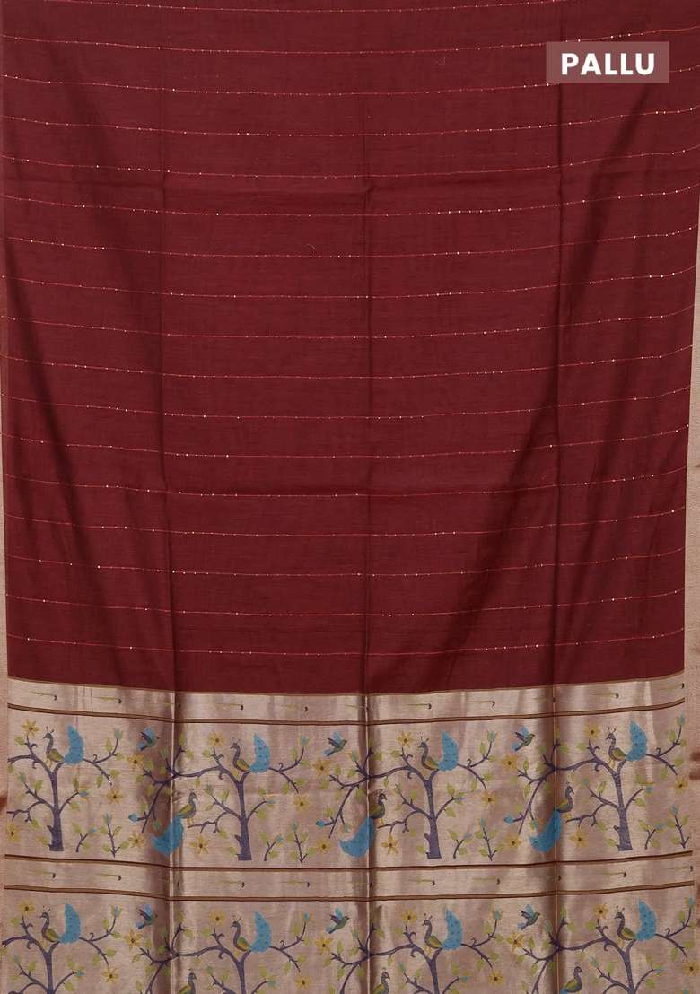 Jamdhani Cotton Saree Maroon With Allover Squin Work And Zari Woven Border With Traditional Woven Design For Women - Indya
