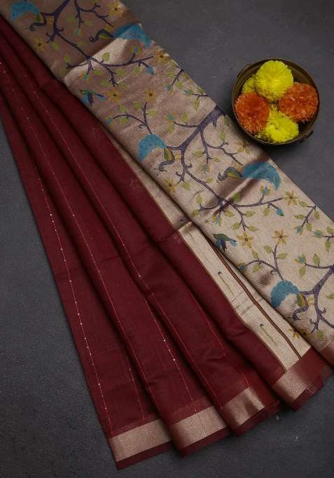 Jamdhani Cotton Saree Maroon With Allover Squin Work And Zari Woven Border With Traditional Woven Design For Women