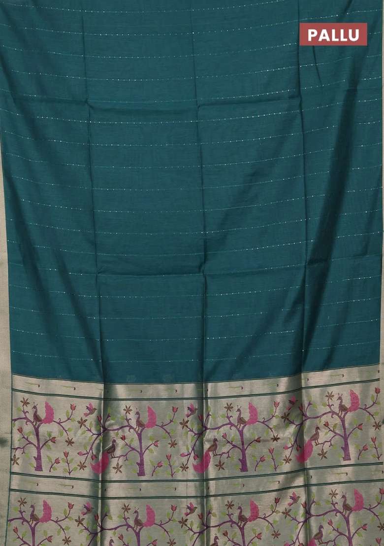 Jamdhani Cotton Saree Peacock Green With Allover Squin Work And Zari Woven Border With Traditional Woven Design For Women - Indya