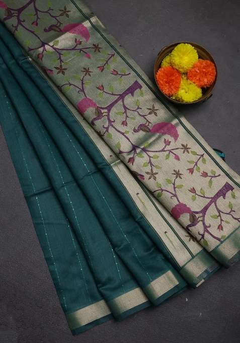 Jamdhani Cotton Saree Peacock Green With Allover Squin Work And Zari Woven Border With Traditional Woven Design For Women