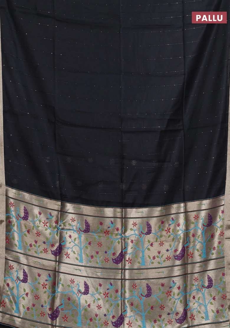 Jamdhani Cotton Saree Black With Allover Squin Work And Zari Woven Border With Traditional Woven Design For Women - Indya