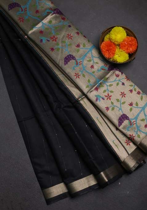 Jamdhani Cotton Saree Black With Allover Squin Work And Zari Woven Border With Traditional Woven Design For Women