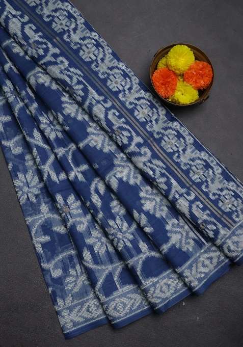 Jamdhani Cotton Saree Indigo Blue With Allover Thread Weaves And Thread Woven Border With Traditional Woven Design For Women