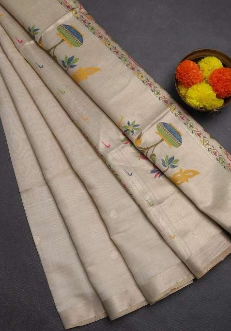Jamdhani Cotton Saree Beige With Allover Zari Woven Buttas And Jamdhani Pallu With Buttas And Brocade Design For Women