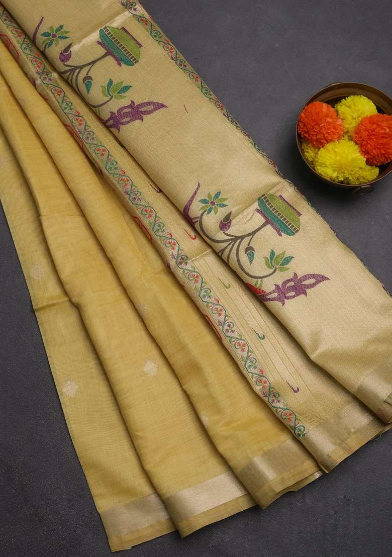Jamdhani Cotton Saree Pale Yellow With Allover Zari Woven Buttas And Jamdhani Pallu With Buttas And Brocade Design For Women - Indya