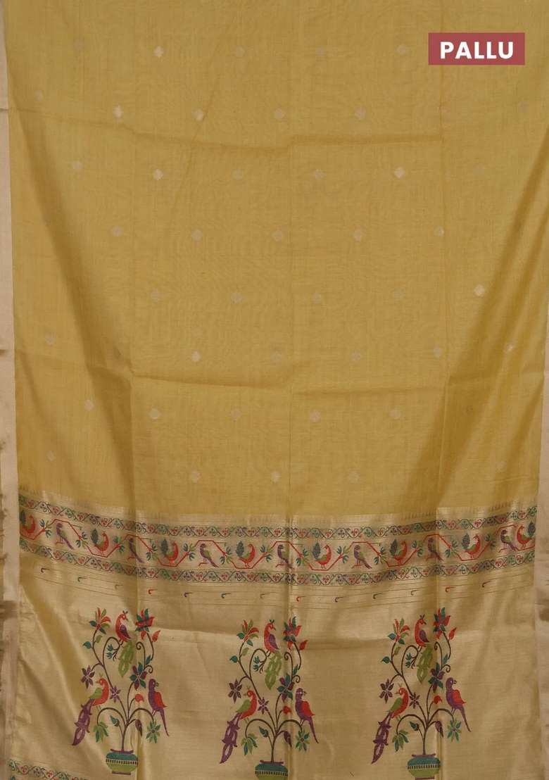 Jamdhani Cotton Saree Pale Yellow With Allover Zari Woven Buttas And Jamdhani Pallu With Buttas And Brocade Design For Women - Indya
