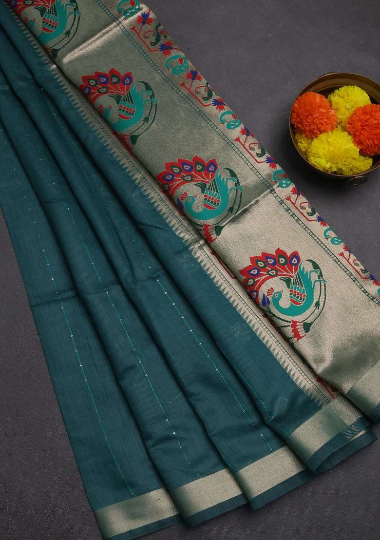 Jamdhani Cotton Saree Peacock Green With Allover Squin Work And Jamdhani Pallu With Traditional Woven Design For Women - Indya