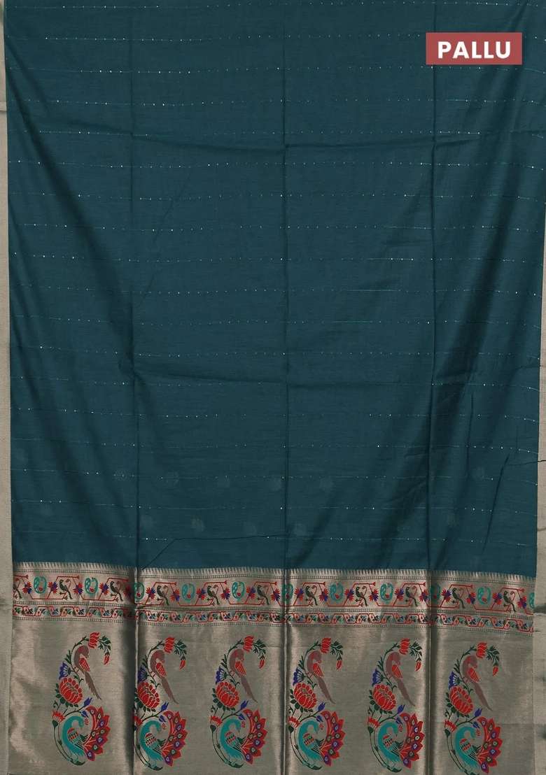 Jamdhani Cotton Saree Peacock Green With Allover Squin Work And Jamdhani Pallu With Traditional Woven Design For Women - Indya