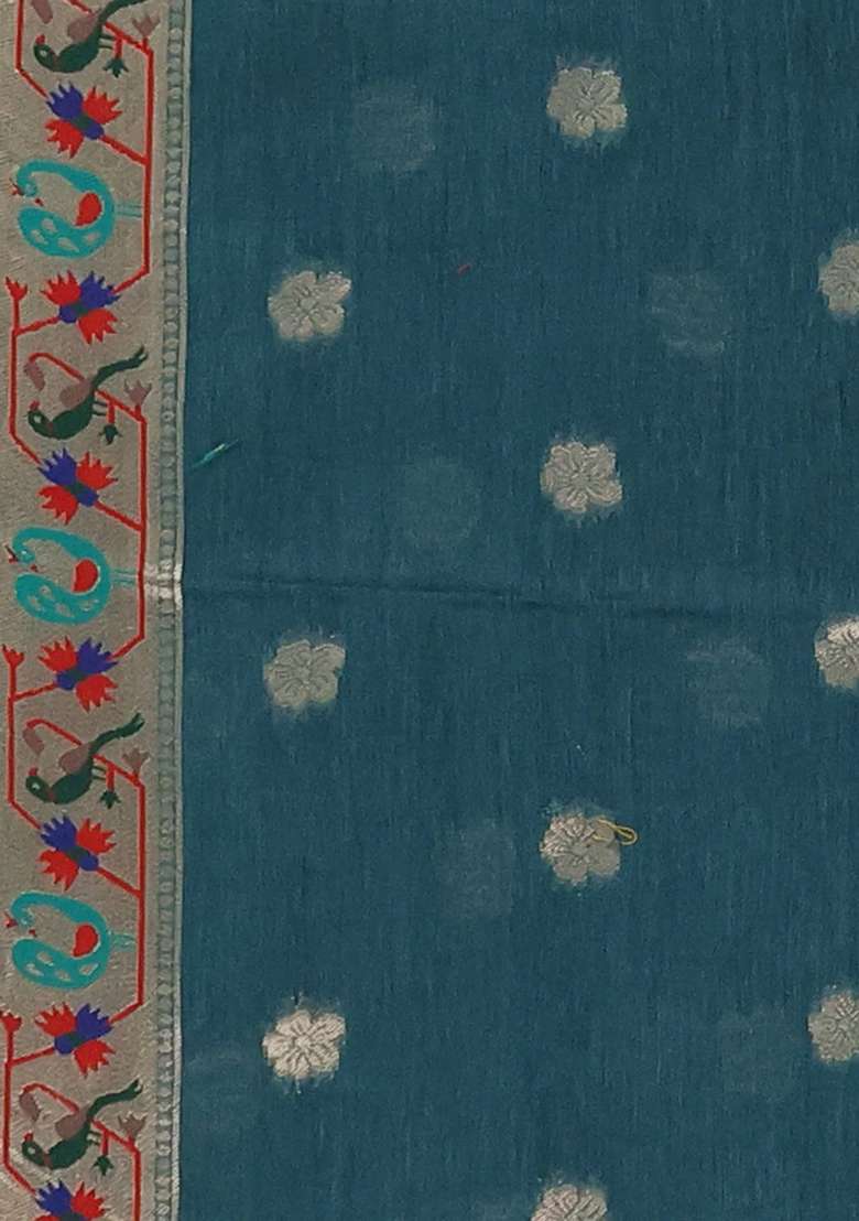 Jamdhani Cotton Saree Peacock Green With Allover Squin Work And Jamdhani Pallu With Traditional Woven Design For Women - Indya