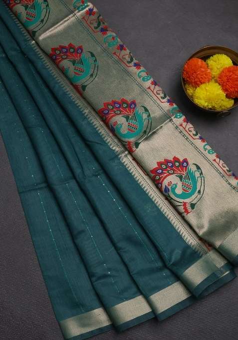 Jamdhani Cotton Saree Peacock Green With Allover Squin Work And Jamdhani Pallu With Traditional Woven Design For Women