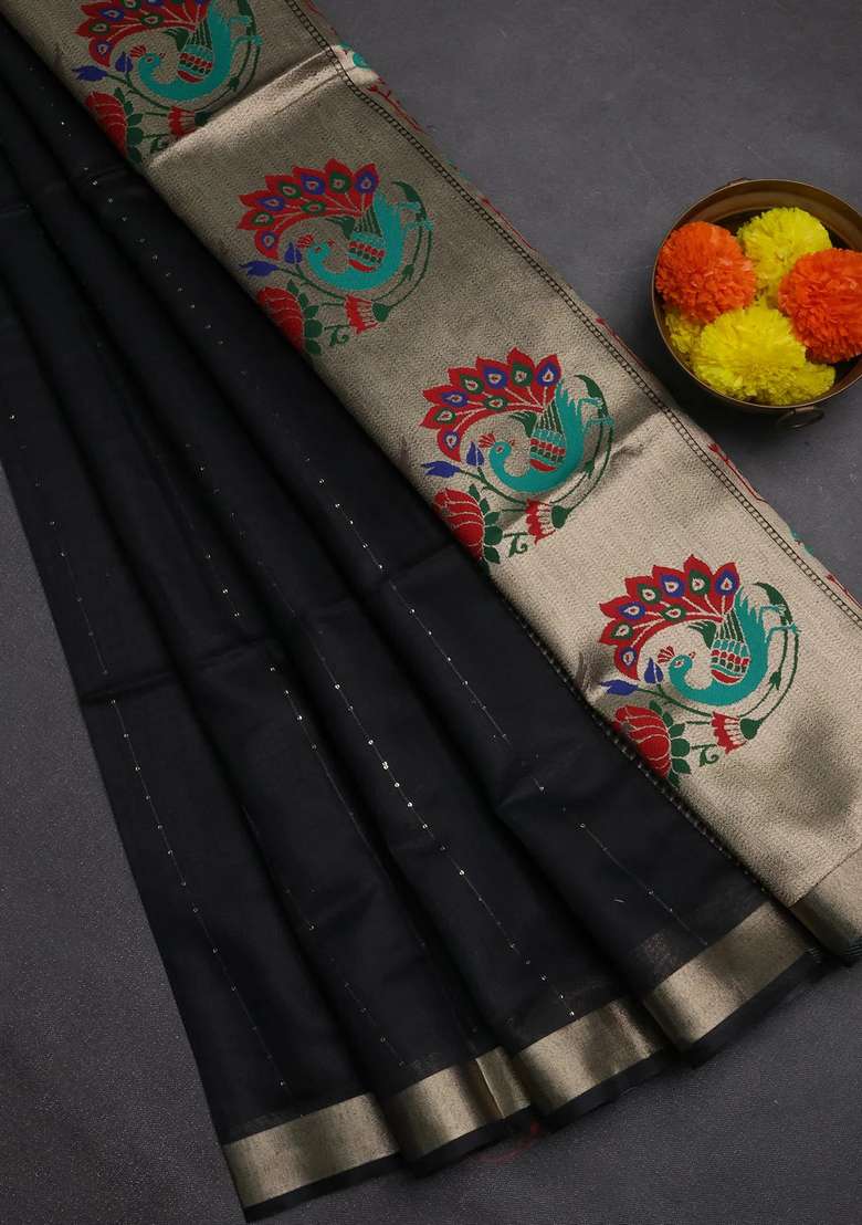 Jamdhani Cotton Saree Black With Allover Squin Work And Jamdhani Pallu With Traditional Woven Design For Women - Indya