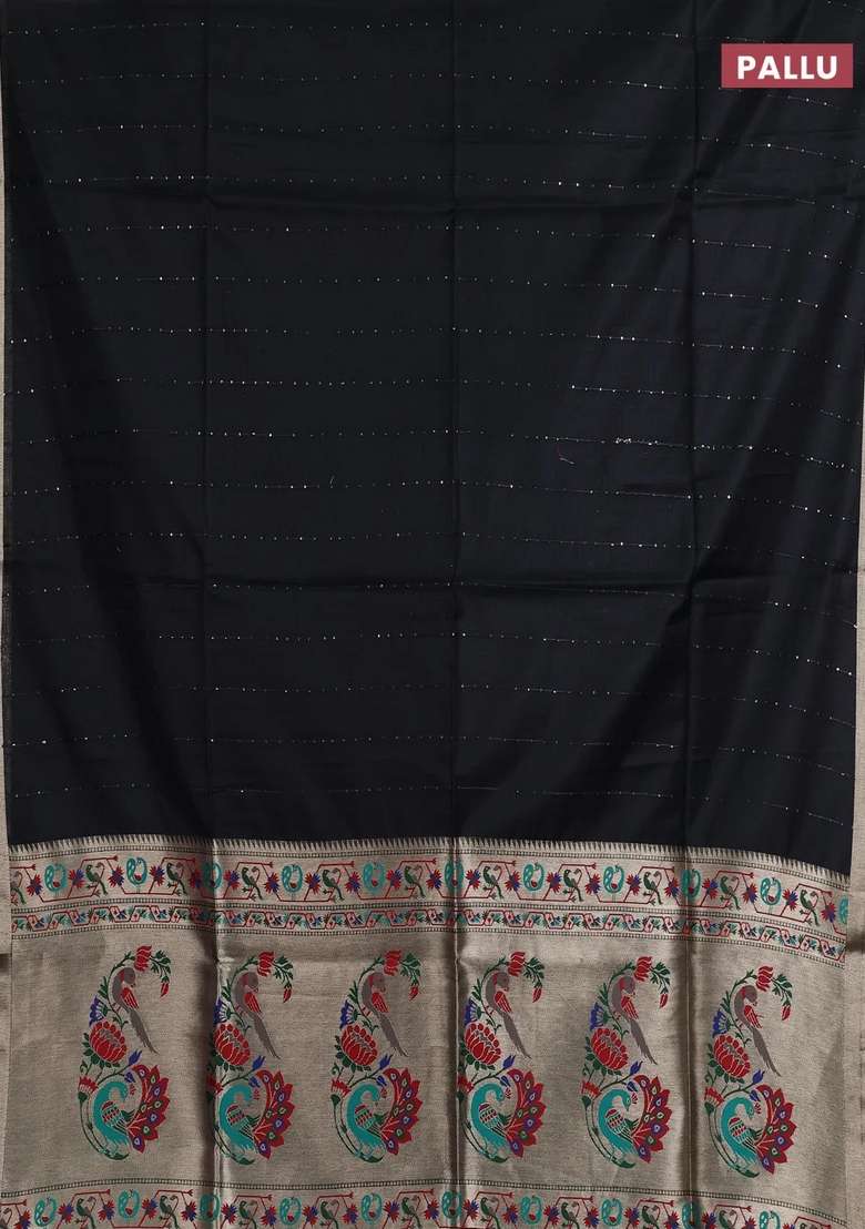 Jamdhani Cotton Saree Black With Allover Squin Work And Jamdhani Pallu With Traditional Woven Design For Women - Indya