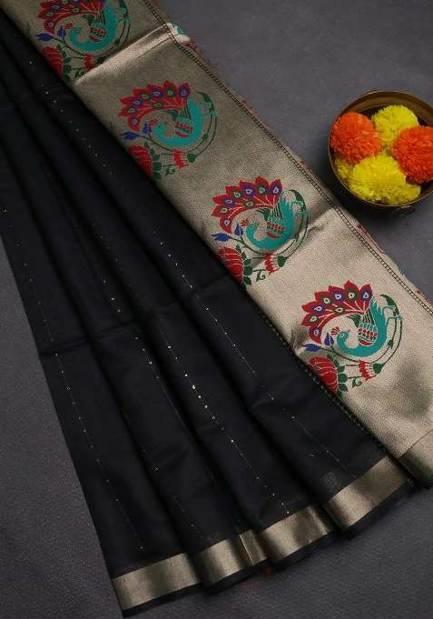 Jamdhani Cotton Saree Black With Allover Squin Work And Jamdhani Pallu With Traditional Woven Design For Women