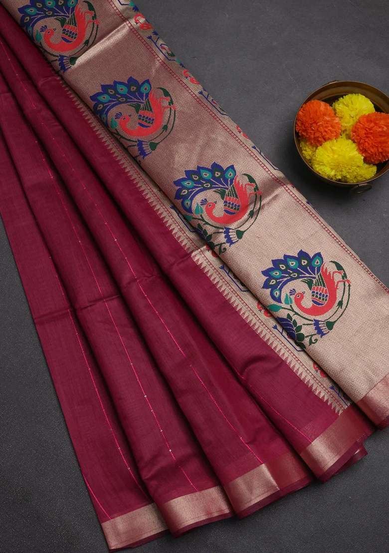 Jamdhani Cotton Saree Wine Shade With Allover Squin Work And Jamdhani Pallu With Traditional Woven Design For Women - Indya