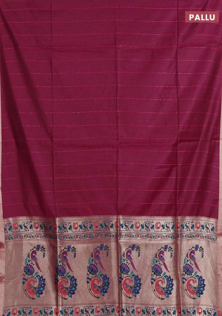 Jamdhani Cotton Saree Wine Shade With Allover Squin Work And Jamdhani Pallu With Traditional Woven Design For Women - Indya
