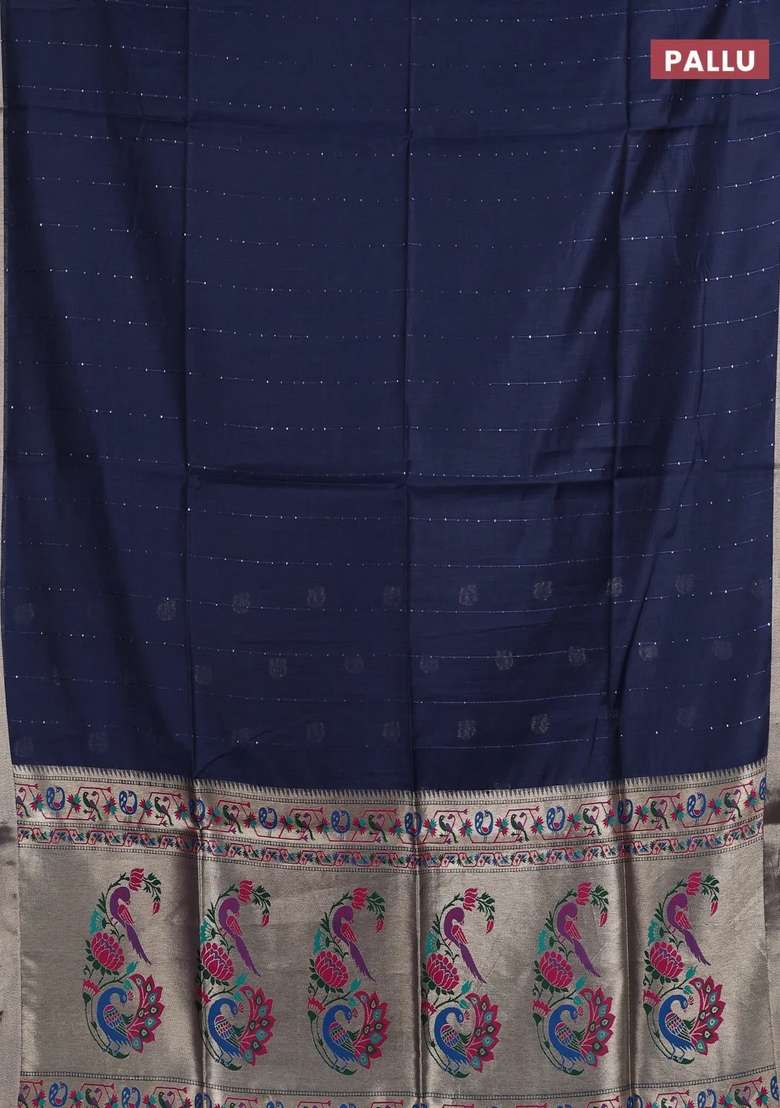 Jamdhani Cotton Saree Navy Blue With Allover Squin Work And Jamdhani Pallu With Traditional Woven Design For Women - Indya