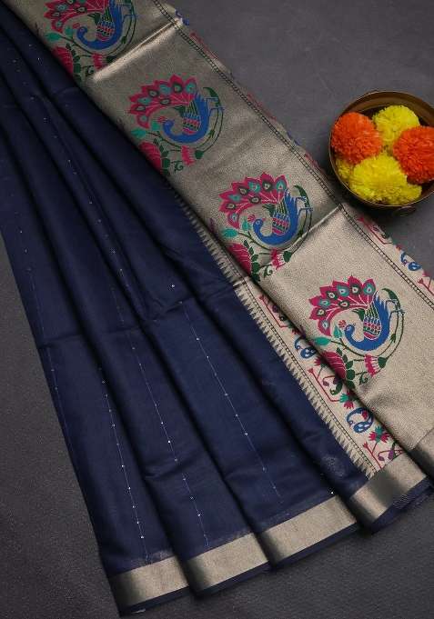 Jamdhani Cotton Saree Navy Blue With Allover Squin Work And Jamdhani Pallu With Traditional Woven Design For Women