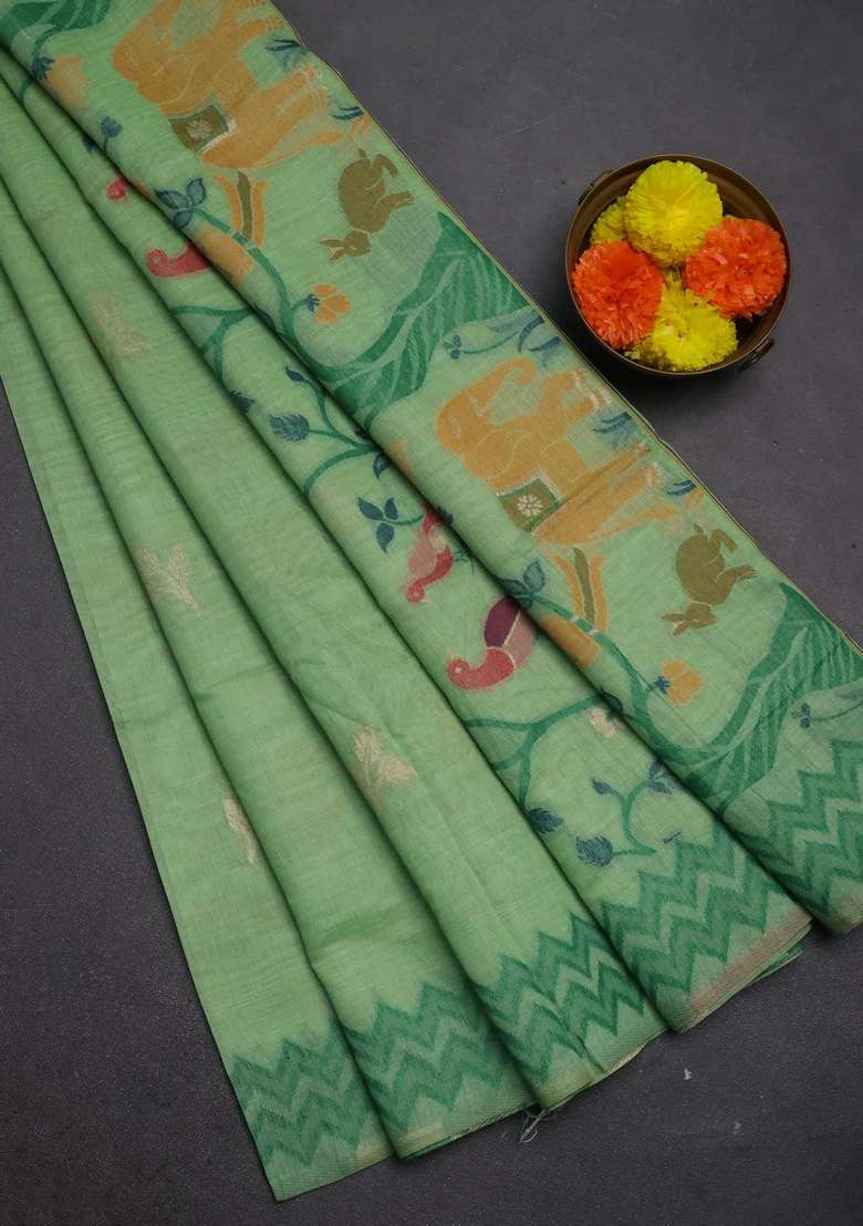 Jamdhani Cotton Saree Pista Green And Bottle Green With Zari Woven Buttas And Jamdhani Pallu With Buttas And Brocade Design For Women - Indya