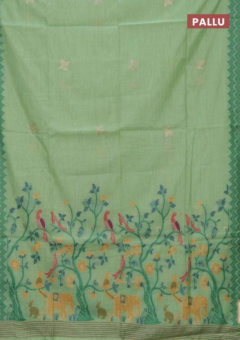 Jamdhani Cotton Saree Pista Green And Bottle Green With Zari Woven Buttas And Jamdhani Pallu With Buttas And Brocade Design For Women - Indya