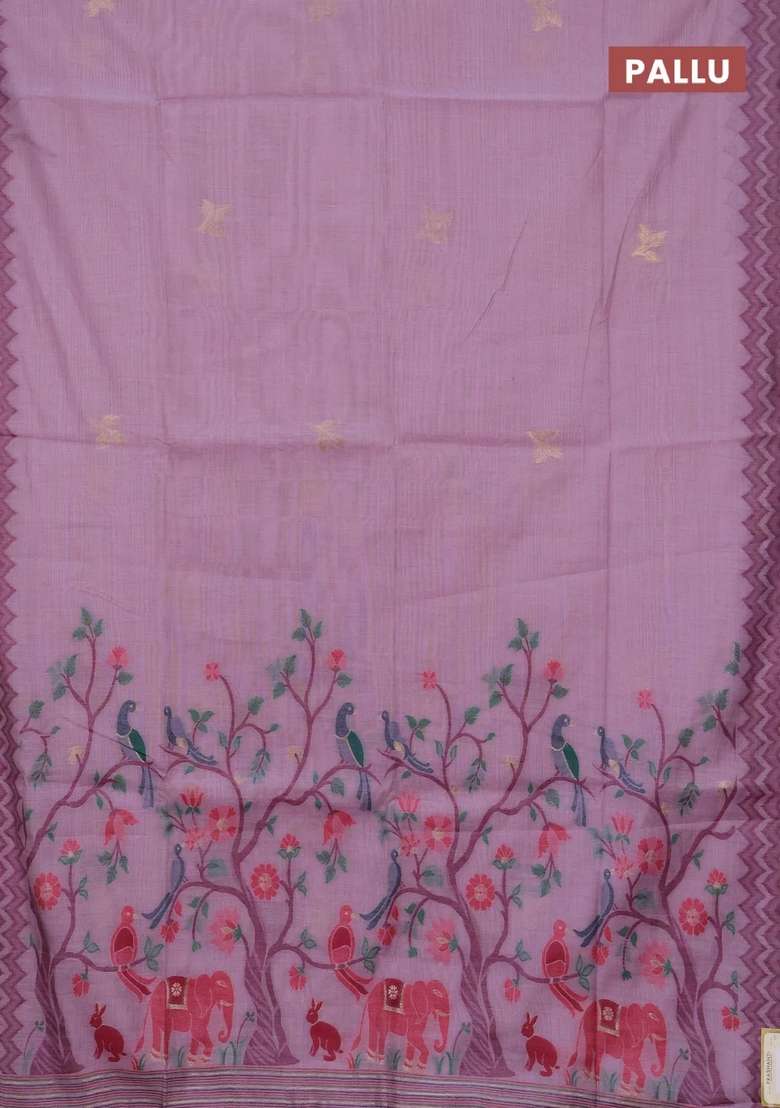 Jamdhani Cotton Saree Lavender And Purple With Zari Woven Buttas And Jamdhani Pallu With Buttas And Brocade Design For Women - Indya
