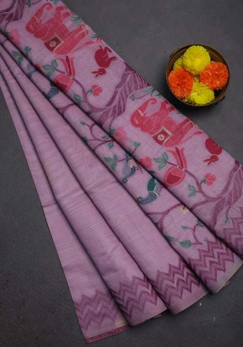Jamdhani Cotton Saree Lavender And Purple With Zari Woven Buttas And Jamdhani Pallu With Buttas And Brocade Design For Women