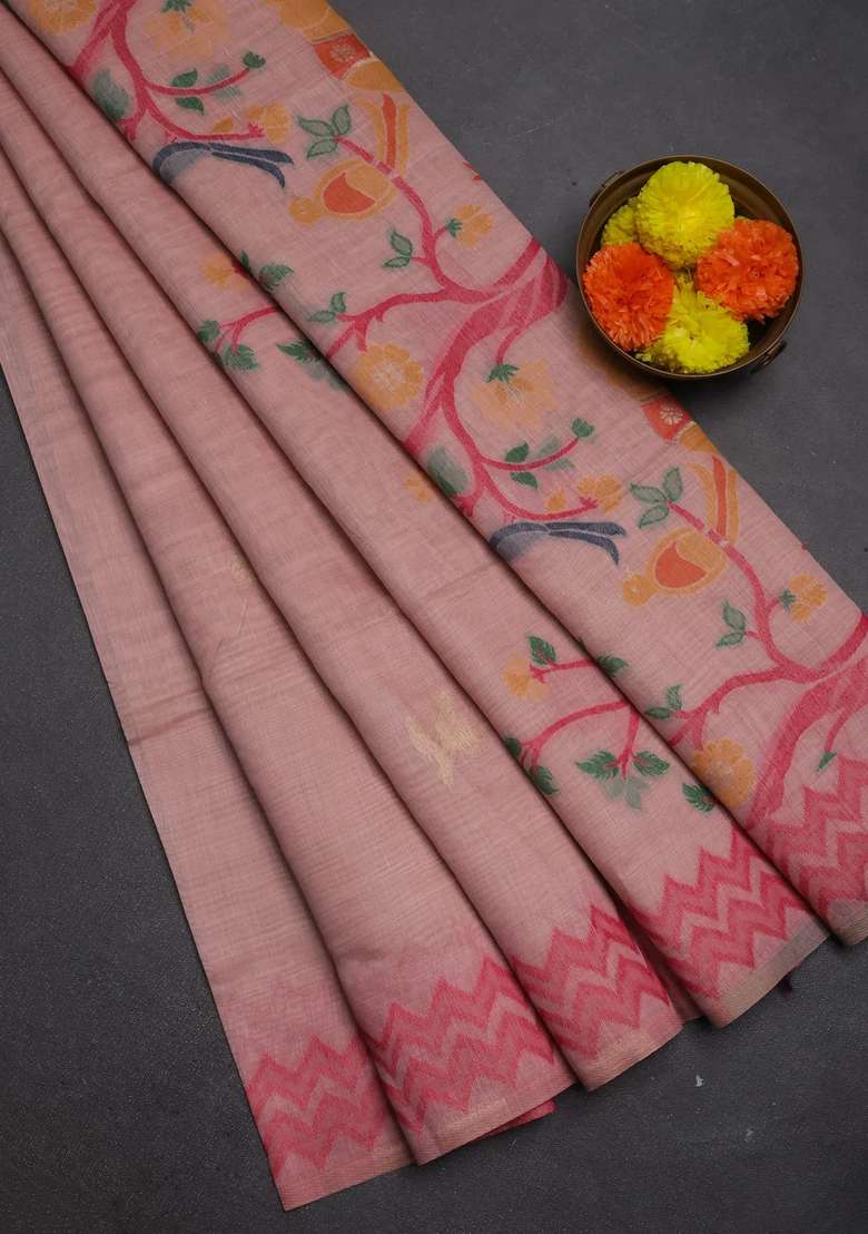 Jamdhani Cotton Saree Peach Shade And Pink With Zari Woven Buttas And Jamdhani Pallu With Buttas And Brocade Design For Women - Indya