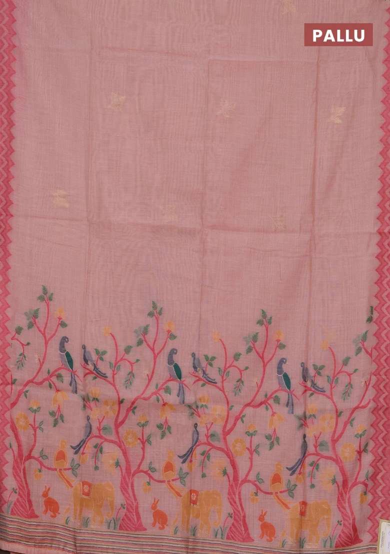 Jamdhani Cotton Saree Peach Shade And Pink With Zari Woven Buttas And Jamdhani Pallu With Buttas And Brocade Design For Women - Indya