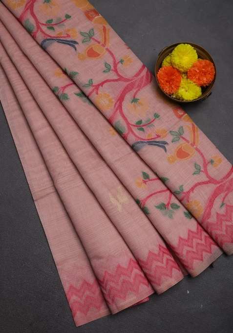 Jamdhani Cotton Saree Peach Shade And Pink With Zari Woven Buttas And Jamdhani Pallu With Buttas And Brocade Design For Women