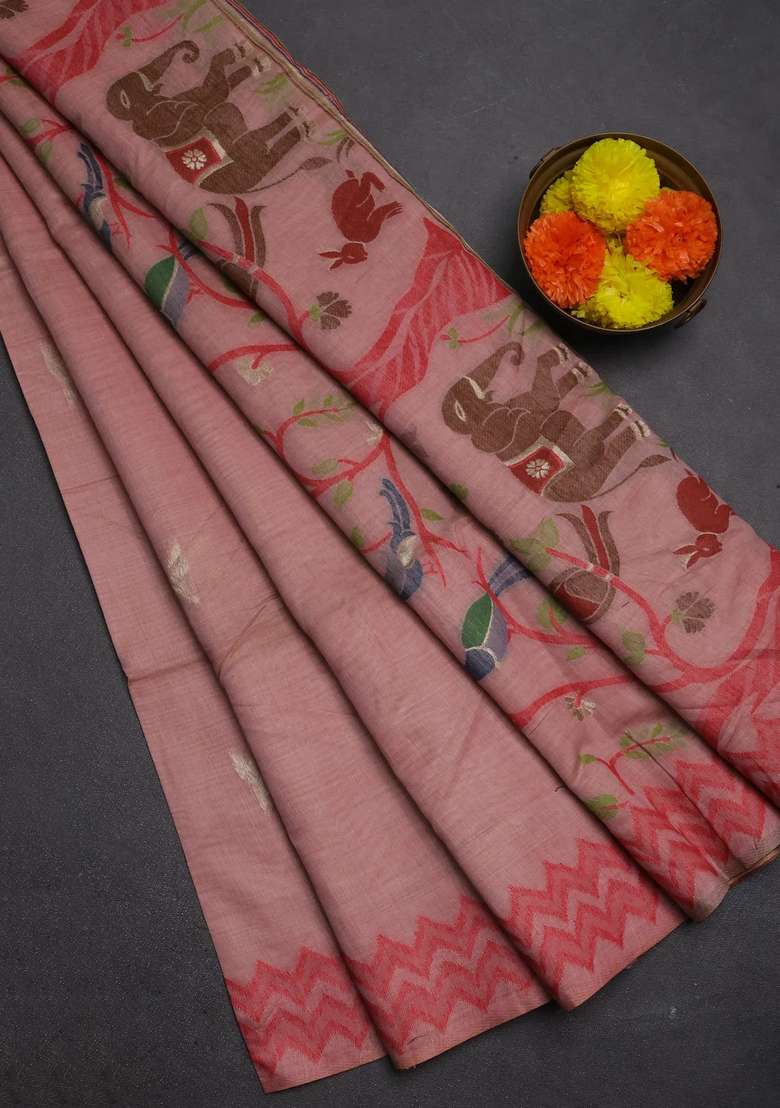 Jamdhani Cotton Saree Peach Shade And Maroon With Zari Woven Buttas And Jamdhani Pallu With Buttas And Brocade Design For Women - Indya