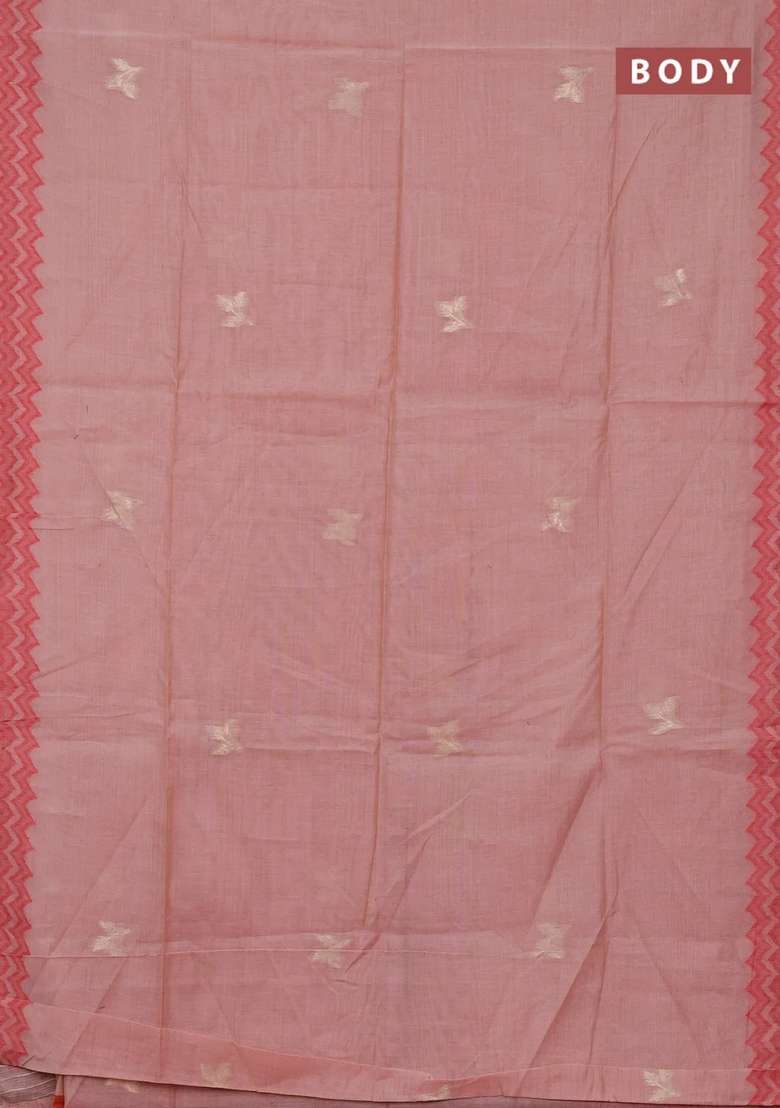 Jamdhani Cotton Saree Peach Shade And Maroon With Zari Woven Buttas And Jamdhani Pallu With Buttas And Brocade Design For Women - Indya