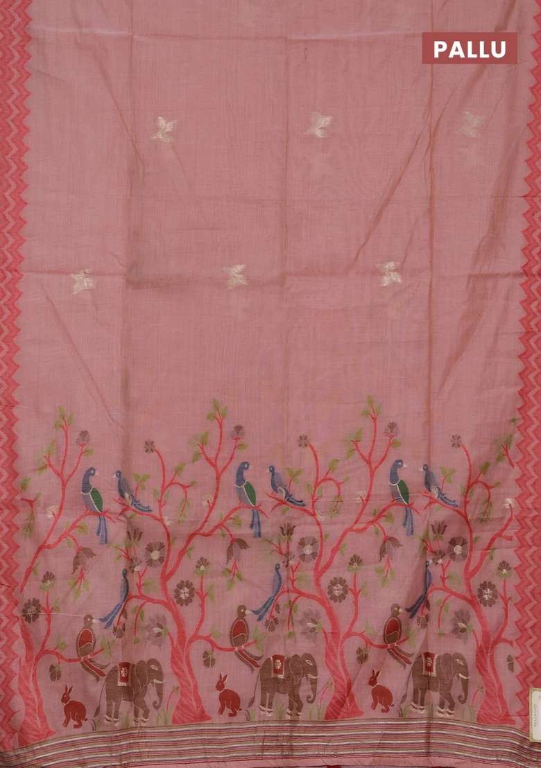 Jamdhani Cotton Saree Peach Shade And Maroon With Zari Woven Buttas And Jamdhani Pallu With Buttas And Brocade Design For Women - Indya