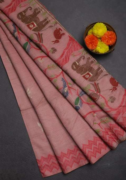 Jamdhani Cotton Saree Peach Shade And Maroon With Zari Woven Buttas And Jamdhani Pallu With Buttas And Brocade Design For Women