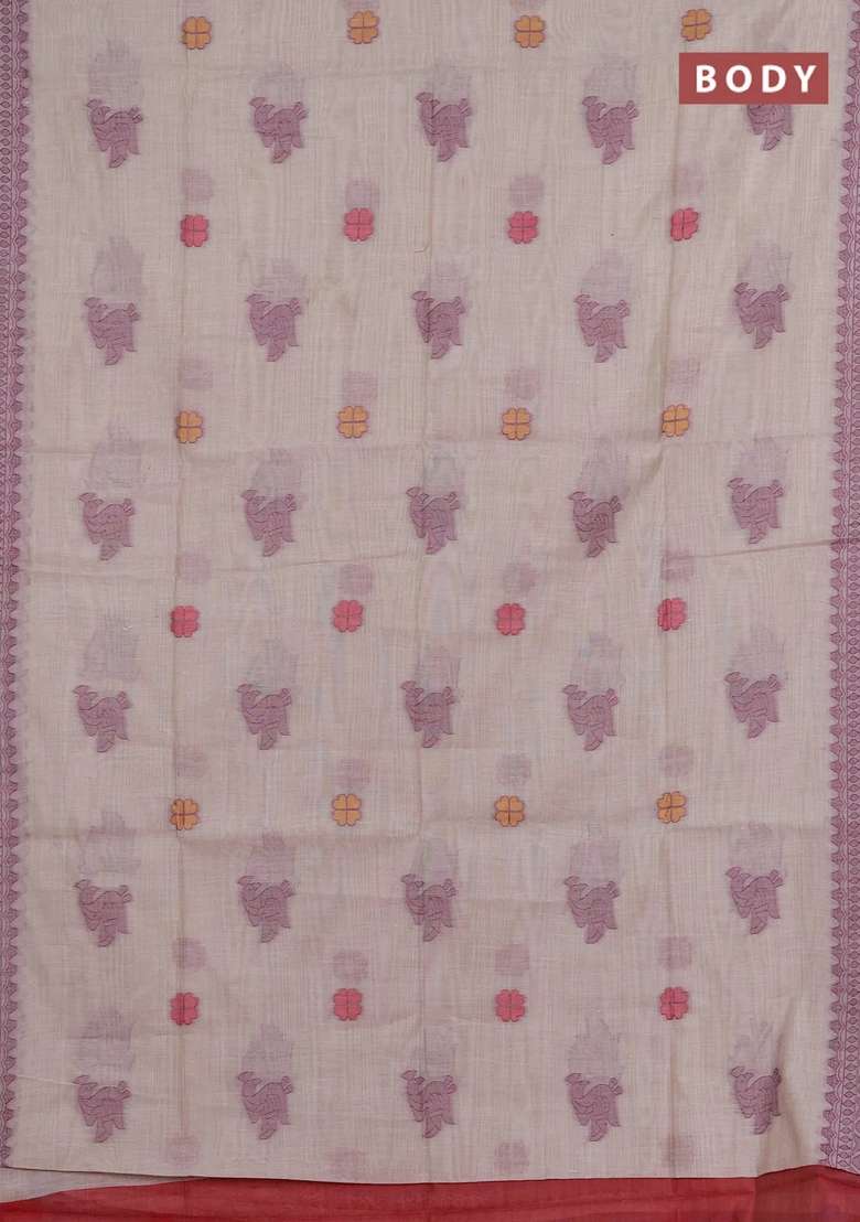 Jamdhani Cotton Saree Beige With Thread Buttas And Jamdhani Pallu With Buttas And Brocade Design For Women - Indya