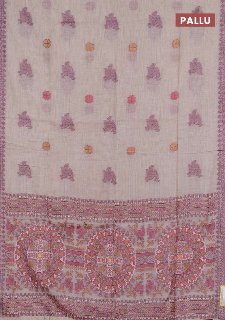 Jamdhani Cotton Saree Beige With Thread Buttas And Jamdhani Pallu With Buttas And Brocade Design For Women - Indya