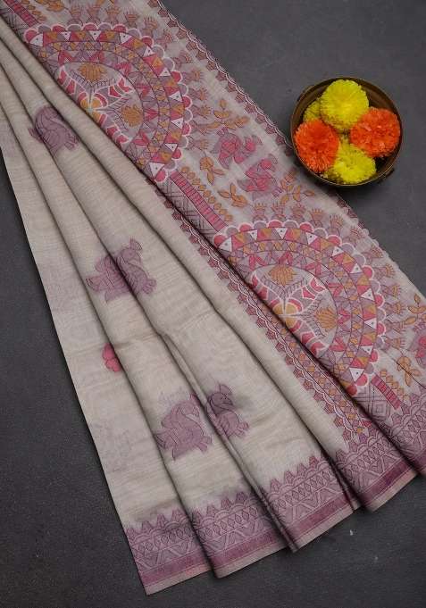 Jamdhani Cotton Saree Beige With Thread Buttas And Jamdhani Pallu With Buttas And Brocade Design For Women