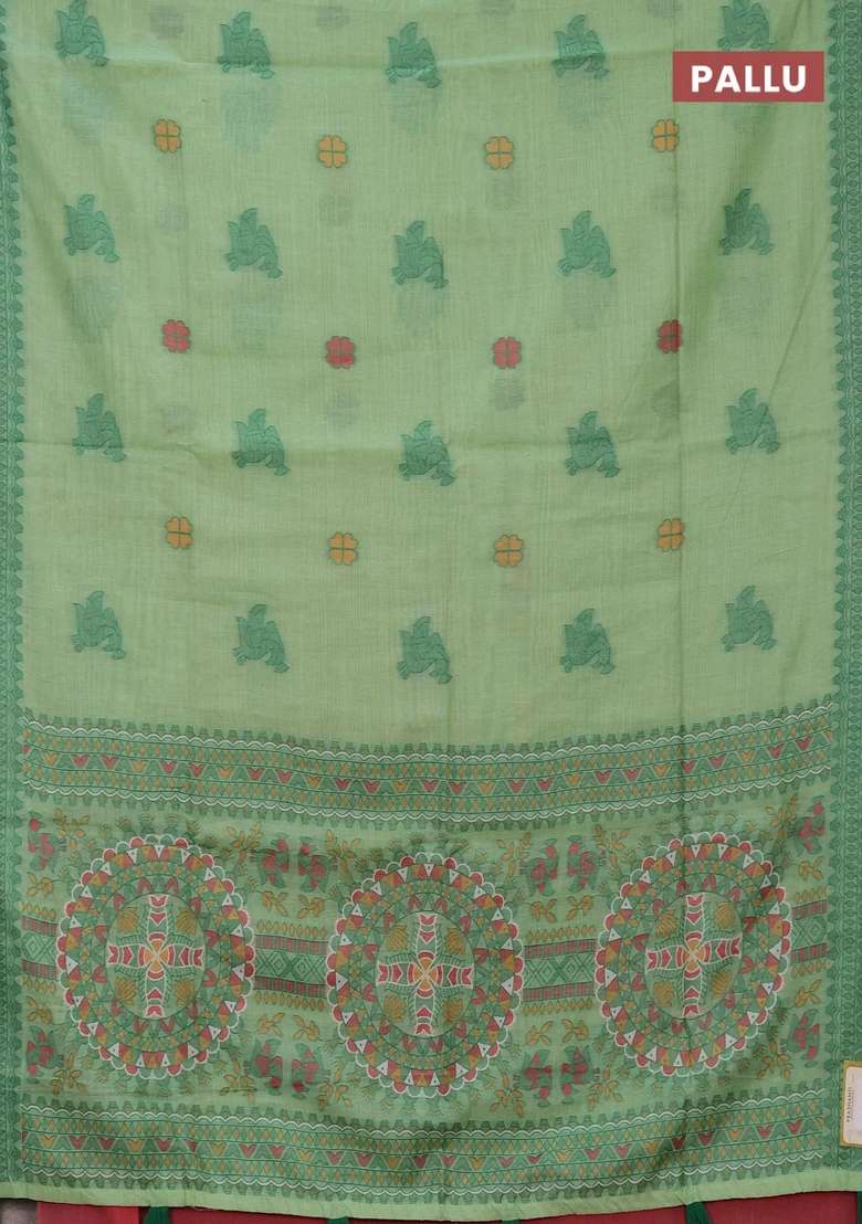 Jamdhani Cotton Saree Pista Green With Thread Buttas And Jamdhani Pallu With Buttas And Brocade Design For Women - Indya