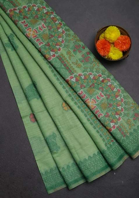 Jamdhani Cotton Saree Pista Green With Thread Buttas And Jamdhani Pallu With Buttas And Brocade Design For Women