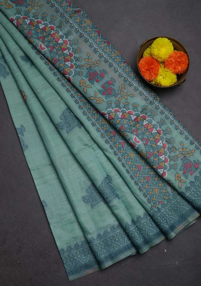 Jamdhani Cotton Saree Teal Green With Thread Buttas And Jamdhani Pallu With Buttas And Brocade Design For Women - Indya
