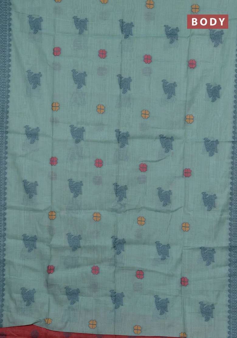 Jamdhani Cotton Saree Teal Green With Thread Buttas And Jamdhani Pallu With Buttas And Brocade Design For Women - Indya