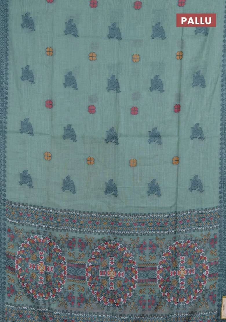 Jamdhani Cotton Saree Teal Green With Thread Buttas And Jamdhani Pallu With Buttas And Brocade Design For Women - Indya